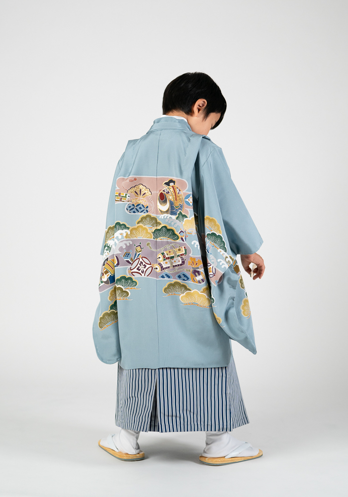 【5歳・七五三の男子着物と袴レンタル】KIMONO-PROオリジナル　水色・打ち出の小槌の柄　品番：KD-62